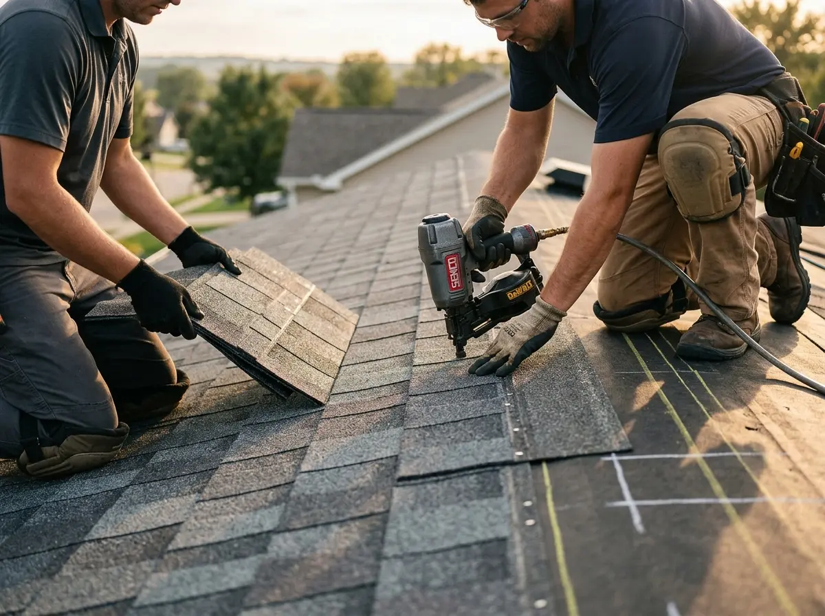 Professional roofer working on a residential roof in Rock Island